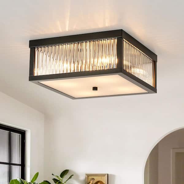Nathan 12.2 in. 4-Light Industrial Black Square Flush Mount Ceiling Light with Clear Glass Rods
