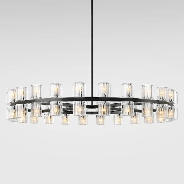 YUYI 48-Light Black Round Chandelier with Rod, 48in. Modern K9 Crystal Chandelier for Dining Room, Living Room, Foyer