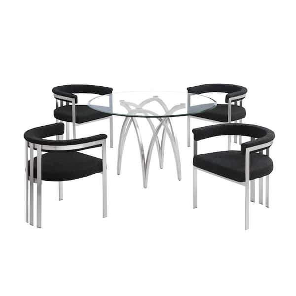 Bayton 5-Piece Clear Tempered Glass Top Brushed Matte Chrome-Plated Base Dining Set With 4 Black Boucle Fabric Chairs