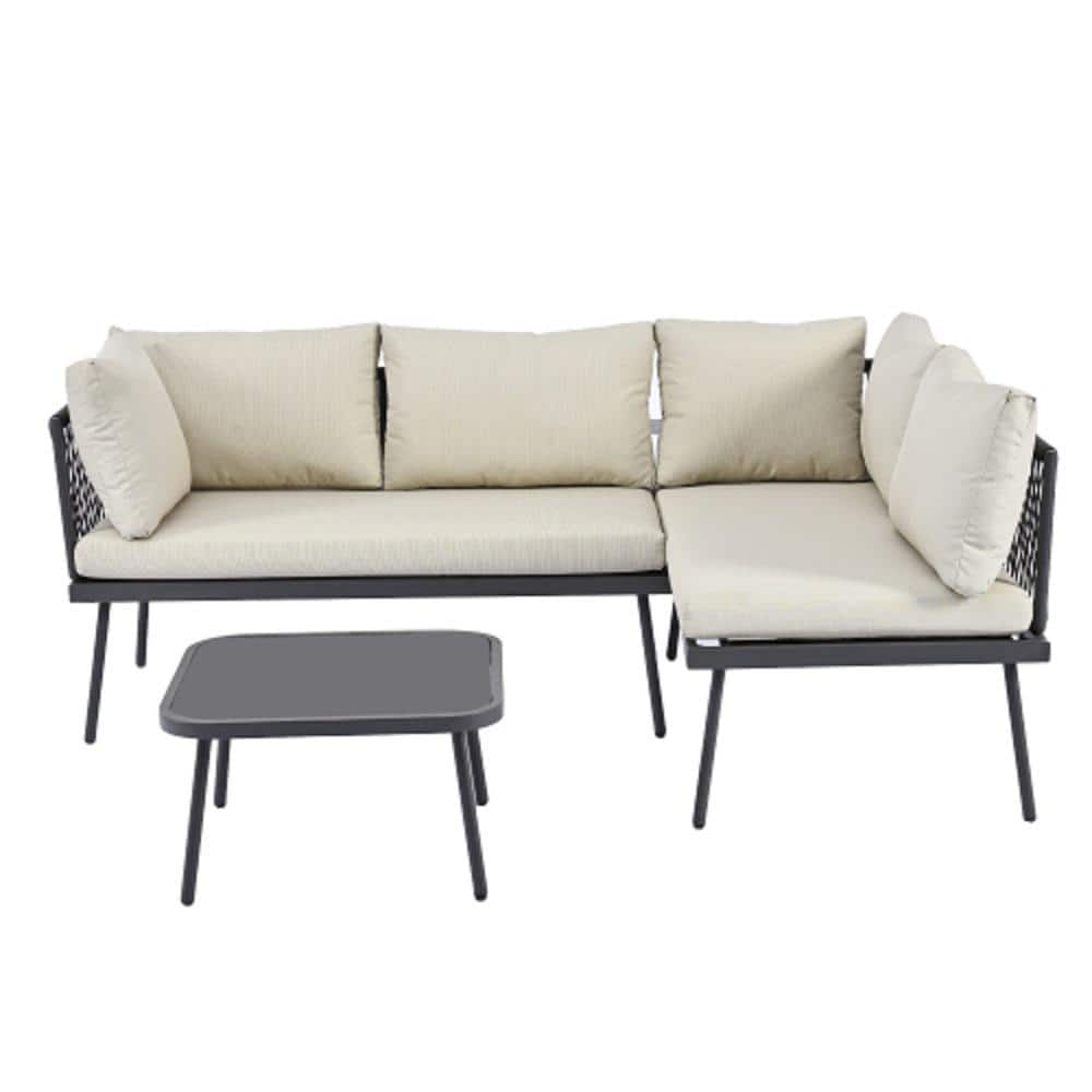 Rattan Black Metal Frame 3-Piece L-Shape Outdoor Sofa Patio Sectional Furni