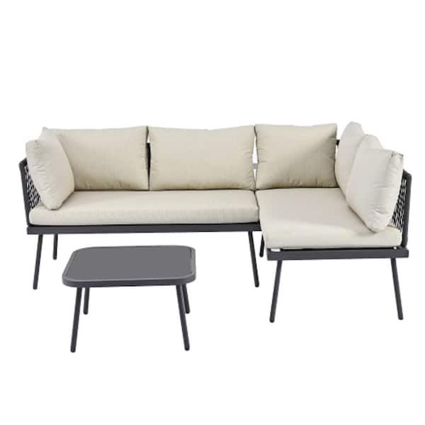 Unbranded Rattan Black Metal Frame 3-Piece L-Shape Outdoor Sofa Patio Sectional Furniture Set with Cushion and Glass Table