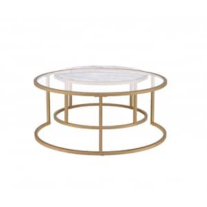 36 in. Gold and White Round Glass Coffee Table with Shelves