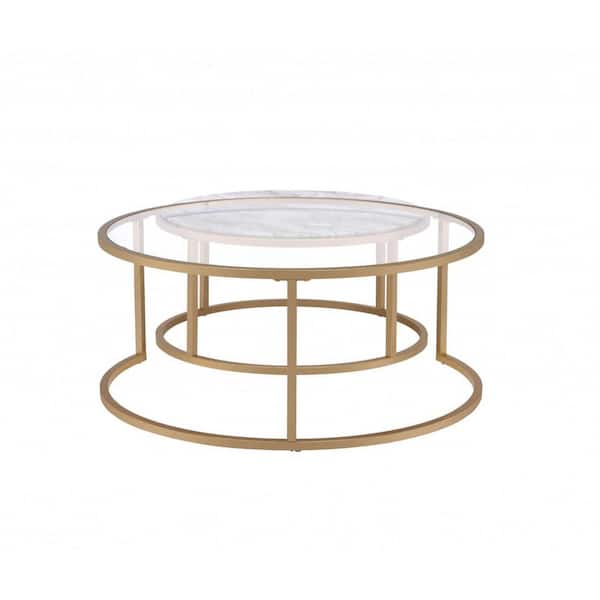 HomeRoots 36 in. Gold and White Round Glass Coffee Table with Shelves