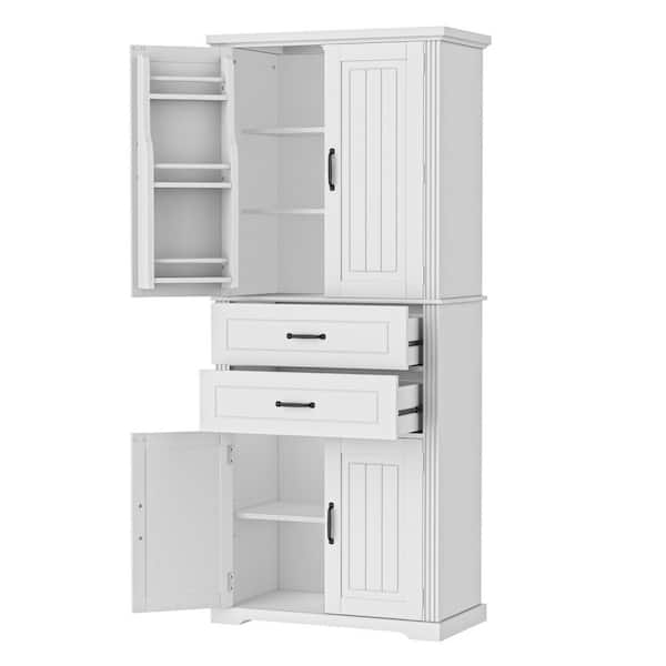 30 in. W x 15.75 in. D x 72.5 in. H White Wood Linen Cabinet Storage Cabinet W/ Adjustable Shelves, 2 Drawers