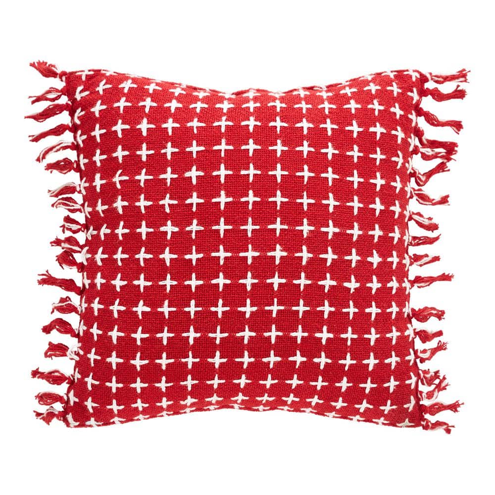 VHC BRANDS Gallen Red White 12 in. x 12 in. Cross Stitch Fringed Throw