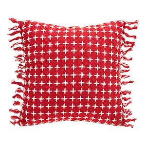 Gallen Red White 12 in. x 12 in. Cross Stitch Fringed Throw Pillow