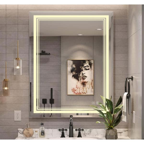 Unbranded 32 in. W x 24 in. H LED Front Light Warm Color Rectangular Aluminum Frameless Wall Bathroom Vanity Mirror in Clear