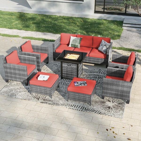 Sonkuki 8-Pieces Patio Conversation Set with Square Fire Pit Table and Ottomans, PE Gray Wicker Sofa with Rust Red Cushion