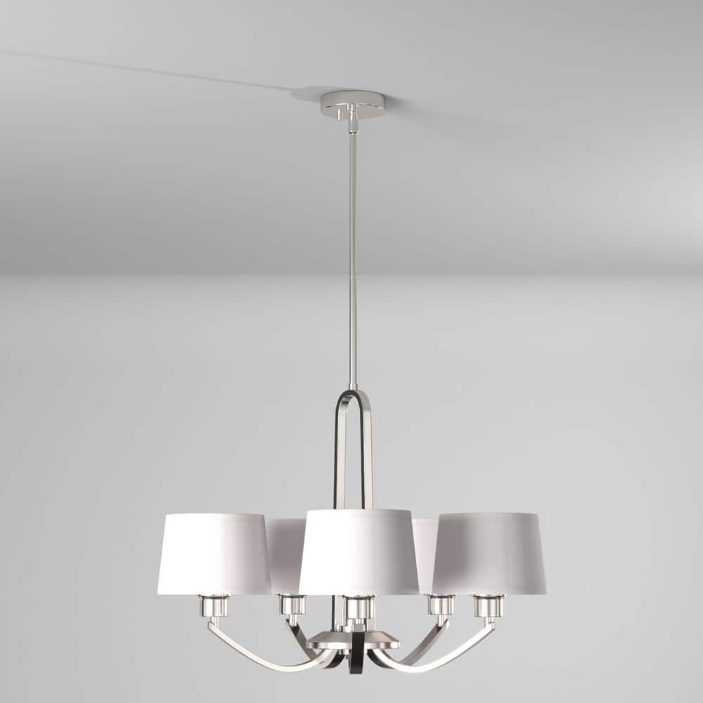 Satin Platinum 5-Light Drum Chandelier with White Fabric Shade