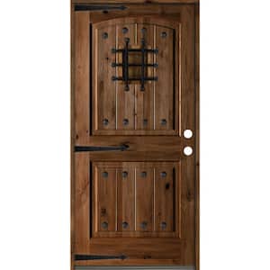 30 in. x 80 in. Mediterranean Knotty Alder Arch Top Provincial Stain Left-Hand Inswing Wood Single Prehung Front Door