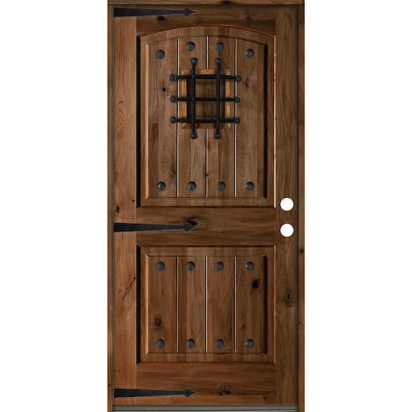 Krosswood Doors 32 in. x 80 in. Mediterranean Knotty Alder Arch Top Provincial Stain Left-Hand Inswing Wood Single Prehung Front Door