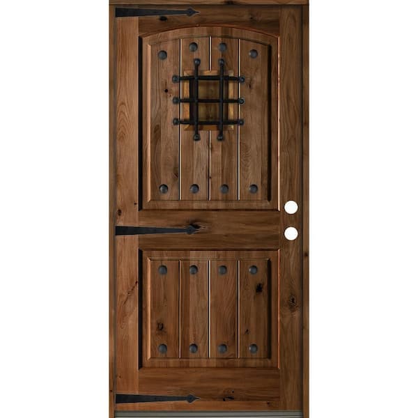 Krosswood Doors 42 in. x 80 in. Mediterranean Knotty Alder Arch Top Provincial Stain Left-Hand Inswing Wood Single Prehung Front Door