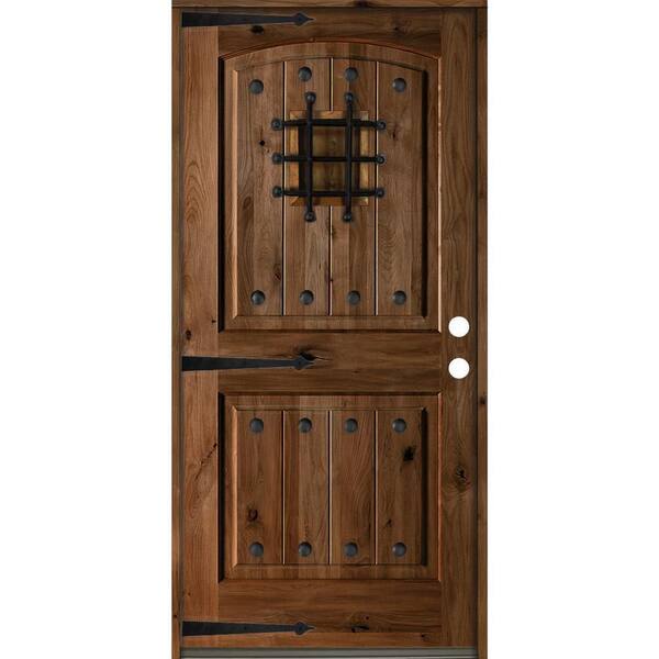 Krosswood Doors 42 in. x 80 in. Mediterranean Knotty Alder Arch Top Provincial Stain Left-Hand Inswing Wood Single Prehung Front Door