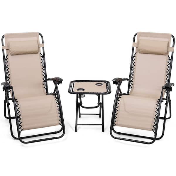 FORCLOVER 3-Piece Metal Fabric Folding Portable Zero Gravity Reclining Lounge Chairs Table Patio Conversation Set in Beige