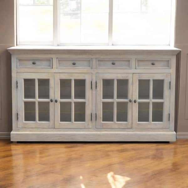 Nalu White Solid Wood 65 in. Stone Acid Wash Buffet Cabinet with 4 Drawers and 4 Doors