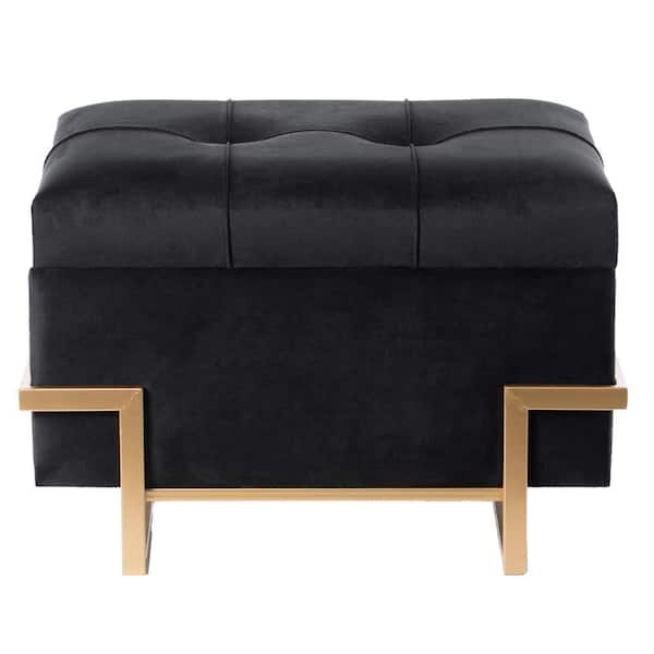 Rectangular Black with Gold Legs Velvet Storage Ottoman