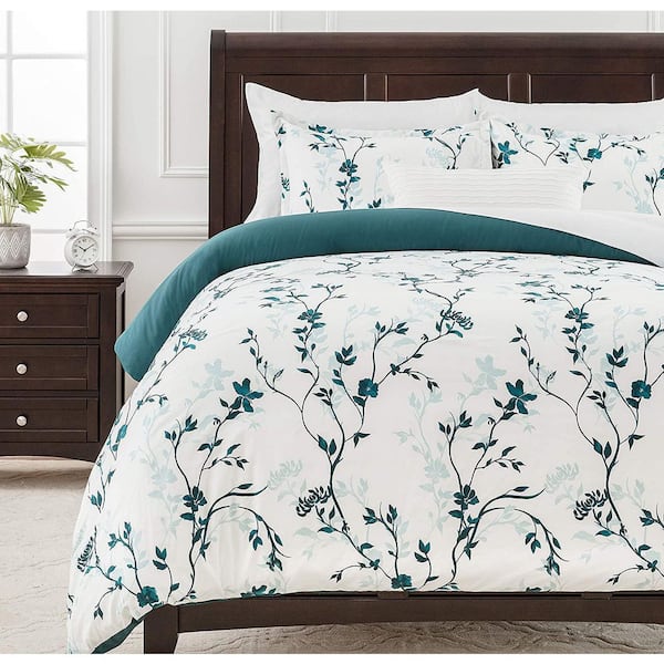 CHANASYA CHANASYA Teal Floral Microfiber Reversible Duvet Cover Set, King Size