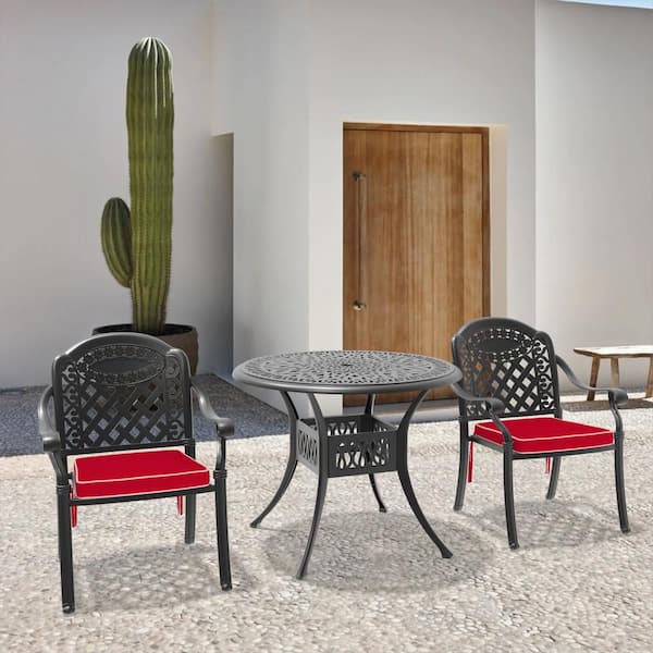 Willit Isabella Black 3-Piece Cast Aluminum Outdoor Dining Set with Round Table and Dining Chairs and Random Color Seat Cushion