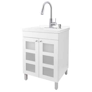 18 Gallons 21.75 in. x 25 in. Thermoplastic Freestanding Laundry Sink, Stainless Faucet, White Cabinet, Soap Dispenser