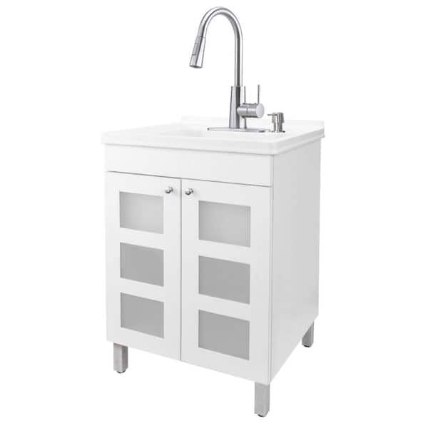 18 Gallons 21.75 in. x 25 in. Thermoplastic Freestanding Laundry Sink, Stainless Faucet, White Cabinet, Soap Dispenser