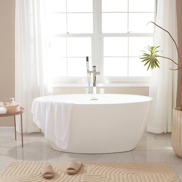 Calais 55 in. L x 32 in. W Acrylic Flatbottom Freestanding Bathtub with Center Drain in White/Integrated Overflow