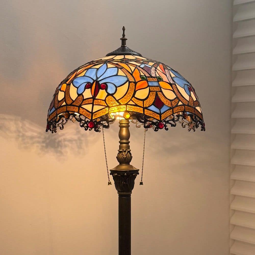 64 in. Tiffany Style Bronze Finish 2-Light Standard Floor Lamp with Multi-Colored Baroque Stained Glass Lamp Shade price history on PriceWatchPro