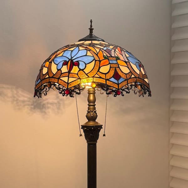 64 in. Tiffany Style Bronze Finish 2-Light Standard Floor Lamp with Multi-Colored Baroque Stained Glass Lamp Shade