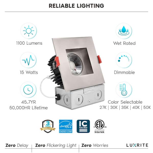 4 in. Square LED Recessed Light J-Box 15-Watt 5 Color Selectable 1100 Lumens Dimmable Wet Rated IC Rated Brushed Nickel