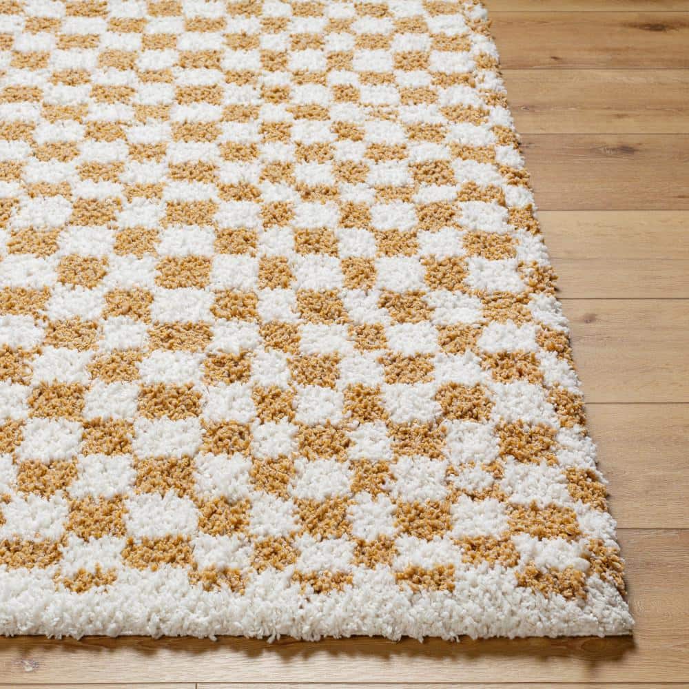 Tan and White Checkered Rectangular Shag Area Rug, 7'10" x 10'