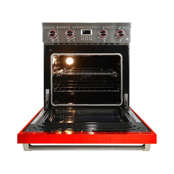 Pro-Style 30 in. 4-Element Slide-In Electric Range with Convection in Stainless Steel with Red Oven Door