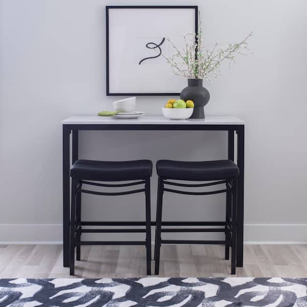 Betty 3-Piece Rectangle Black and White Faux Marble Top Pub Dining Room Set Seats-2