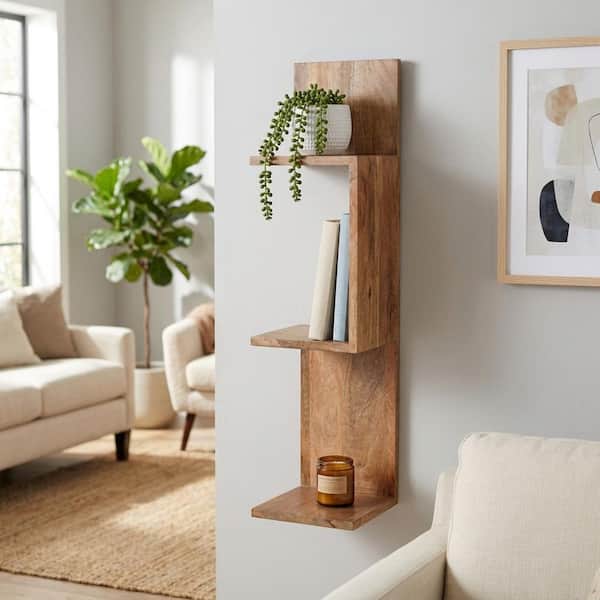 Brown 8 in. x 8 in. Mango Wood Geometric Zig Zag Corner Decorative Wall Shelf