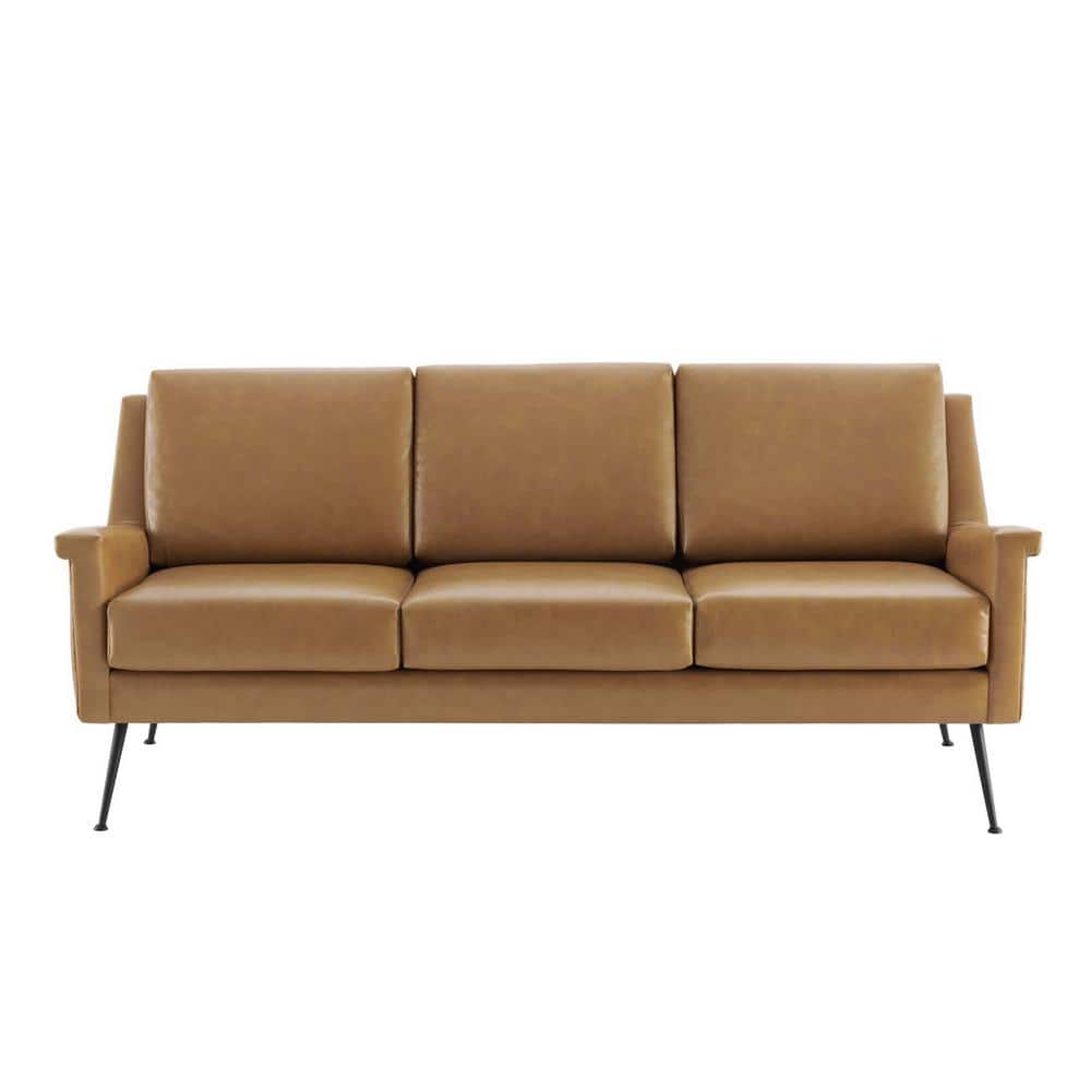 Tan Faux Leather Sofa with Removable Cushions and Wood Frame