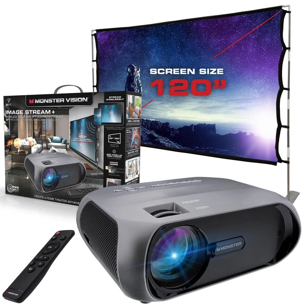 Monster Vision 1920 x 1080p LCD TFT Technology Home Projector Kit, with 2000 Lumens, Comes With 120 Inch Screen/Carrying Case -  MHV1-1052-GUN