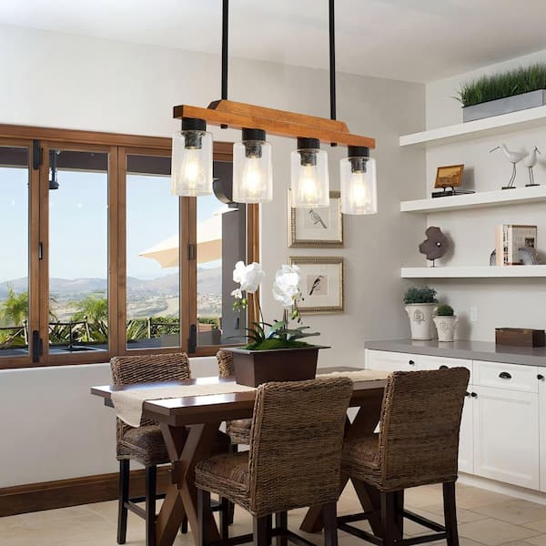 4-Light Rustic Kitchen Island Light Black Farmhouse Chandelier Wood Pendant Light with Seeded Glass Shades for Dining