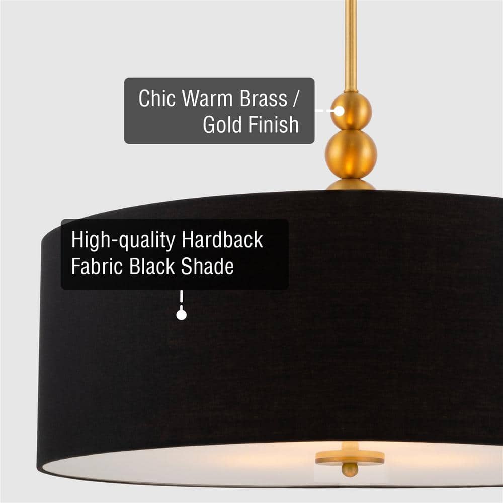 Adelade 22" Black Fabric Drum Pendant Chandelier with Brass Finish