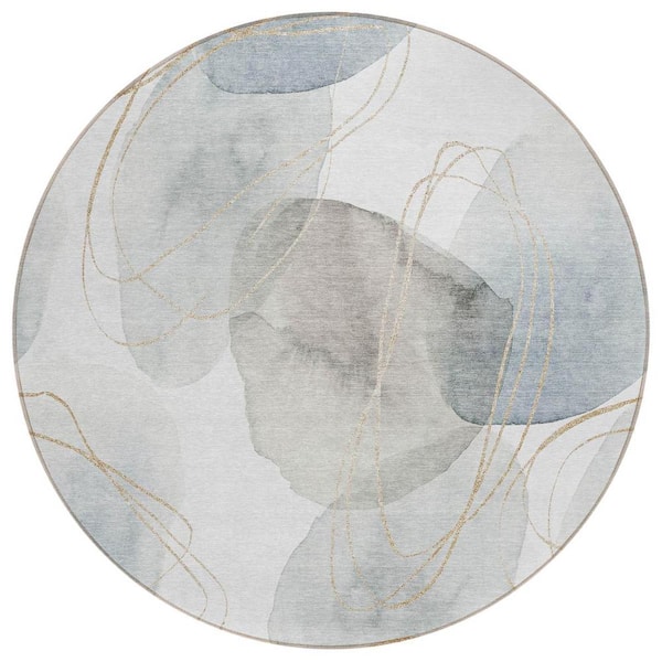 HomeRoots Ivory Blue and Gray 8 ft. Round Woven Abstract Round Indoor/Outdoor Area Rug