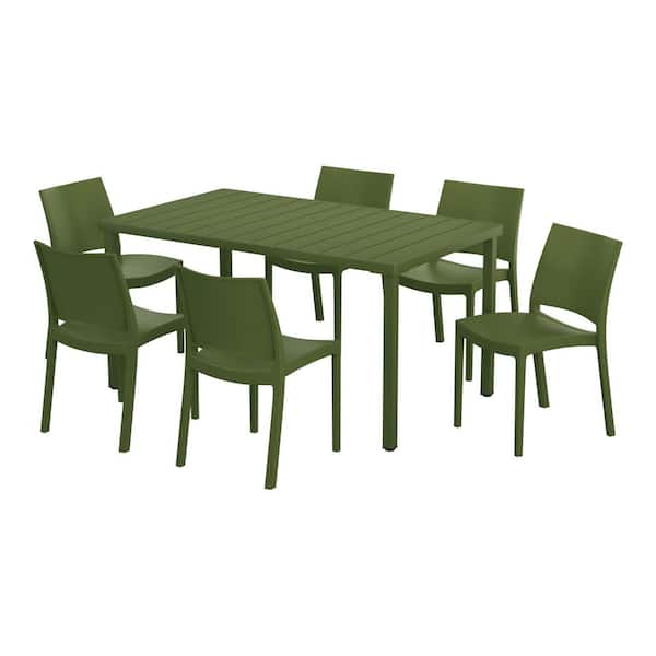 Frond, Form Outdoor Patio Modern 7-Piece Rectangular Steel Table, 6 Stackable HDPE Plastic Chairs Dining Set Olive Green