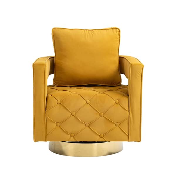 HOMEFUN Modern Mustard Yellow Velvet Swivel Upholstered Barrel Chair with Golden Base