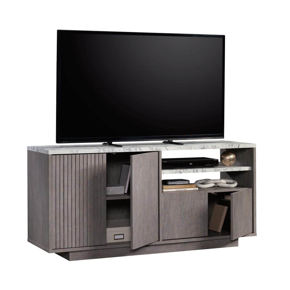 Ashen Oak and Faux White Marble Media Console with Cabinet
