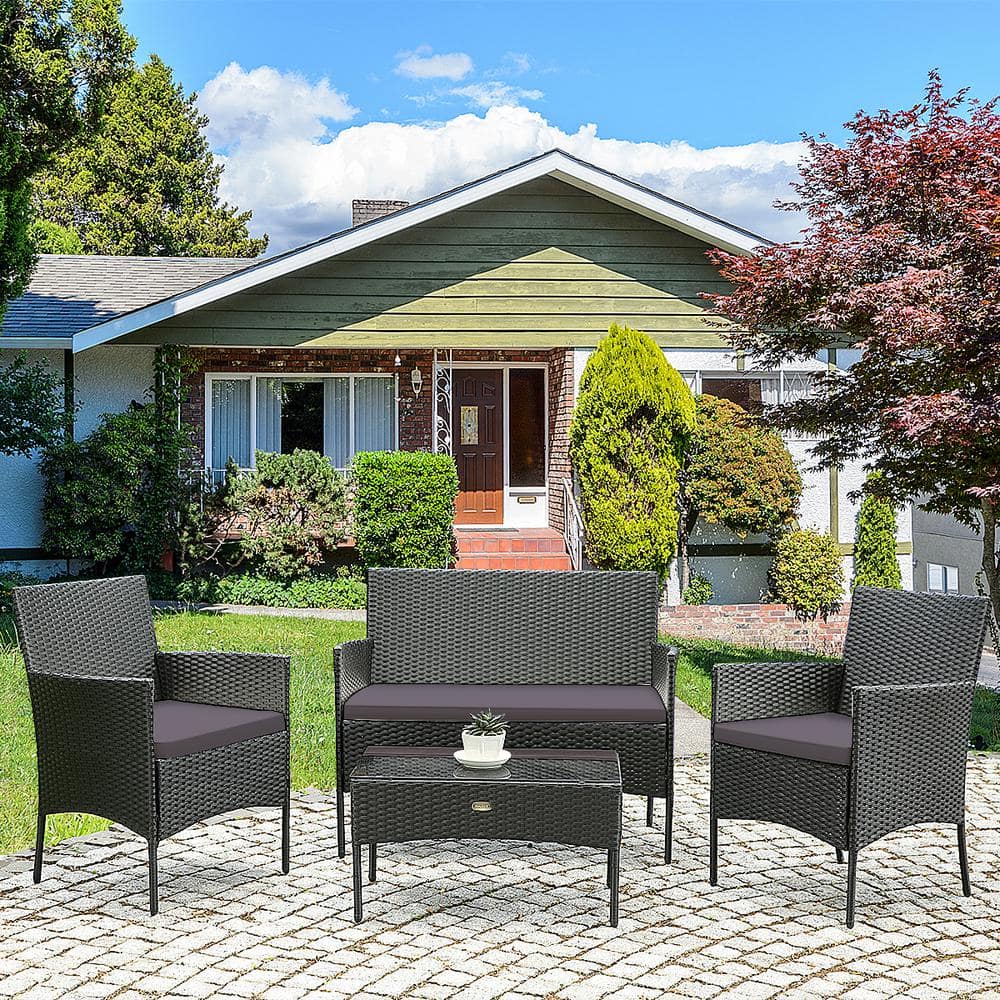 Gray and Off-White 4-Person Rattan Outdoor Sofa Set with Tempered Glass Table