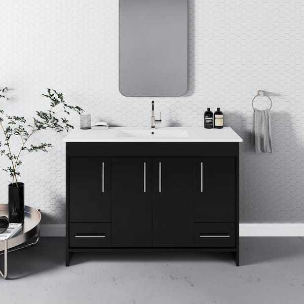 Unbranded Pacific 48 in. W x 18 in. D x 34.5 in. H Bath Vanity in Glossy Black with White Ceramic Vanity Top with White Basin