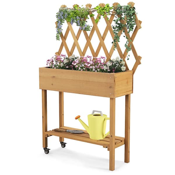 Costway Natural Wood Raised Outdoor Garden Bed with Trellis Storage Shelf Wheels Liner Drainage Holes
