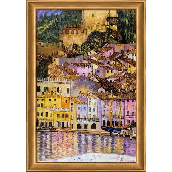 LA PASTICHE Malcesine on Lake Garda by Gustav Klimt Muted Gold Glow Framed Architecture Oil Painting Art Print 28 in. x 40 in.