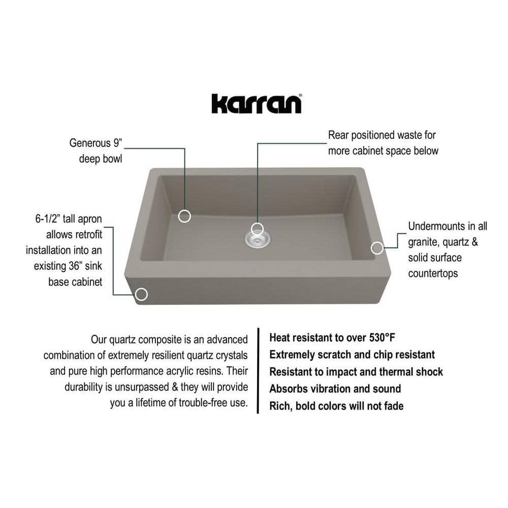 34'' Matte Concrete Quartz Farmhouse Single Bowl Kitchen Sink