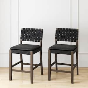 Cohen 24 in. Mid-Century Modern Wood Counter Height Bar Stool, with Woven Faux Leather Back for Kitchen, Black, Set of 2