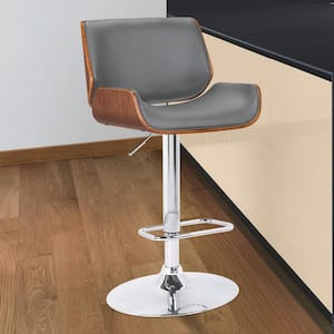 London Contemporary 37 in. to 46 in. Grey Faux Leather Swivel Bar Stool with Chrome and Walnut Wood