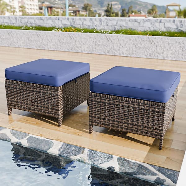 Wicker Outdoor Ottoman Patio Footstool with Removable Cushions (2-Pack)