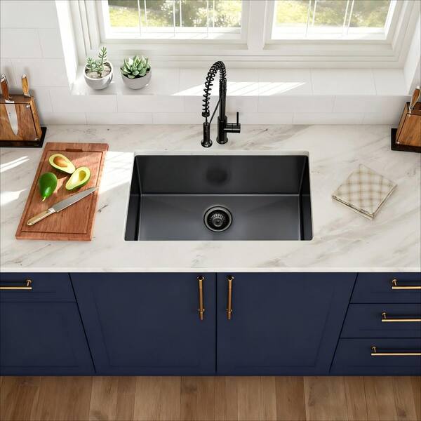 Gunmetal Black Kitchen Sink, 33"x19"x9" Undermount Single Bowl Basin, 16 Gauge Stainless Steel