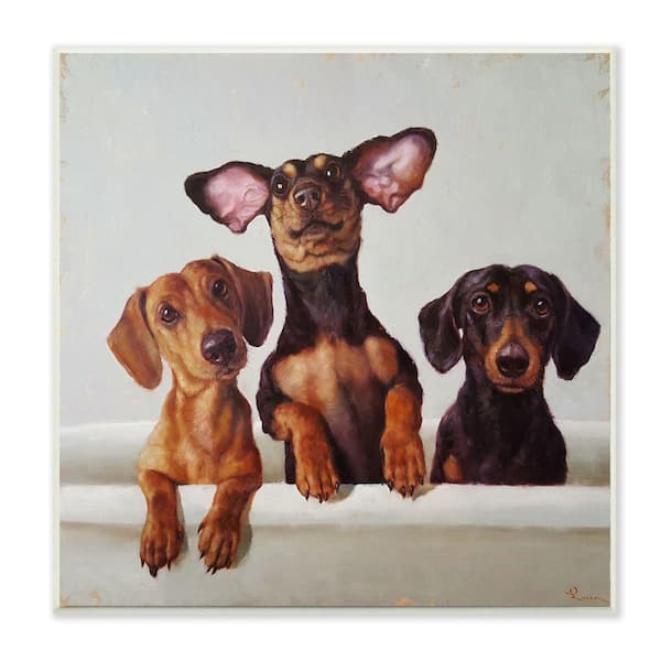 "Dachshunds in the Tub Pet Dog Bathroom Painting" by Lucia Heffernan Unframed Animal Wood Wall Art Print 12 in. x 12 in.